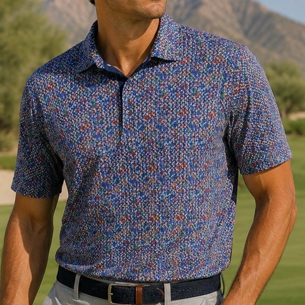 Bugatchi Mens XL Polo Shirt Mercerized Cotton Geometric Mosaic Print Navy Blue